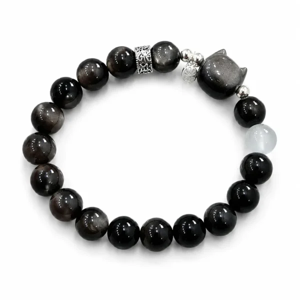 silver sheen obsidian cat bracelet on white background