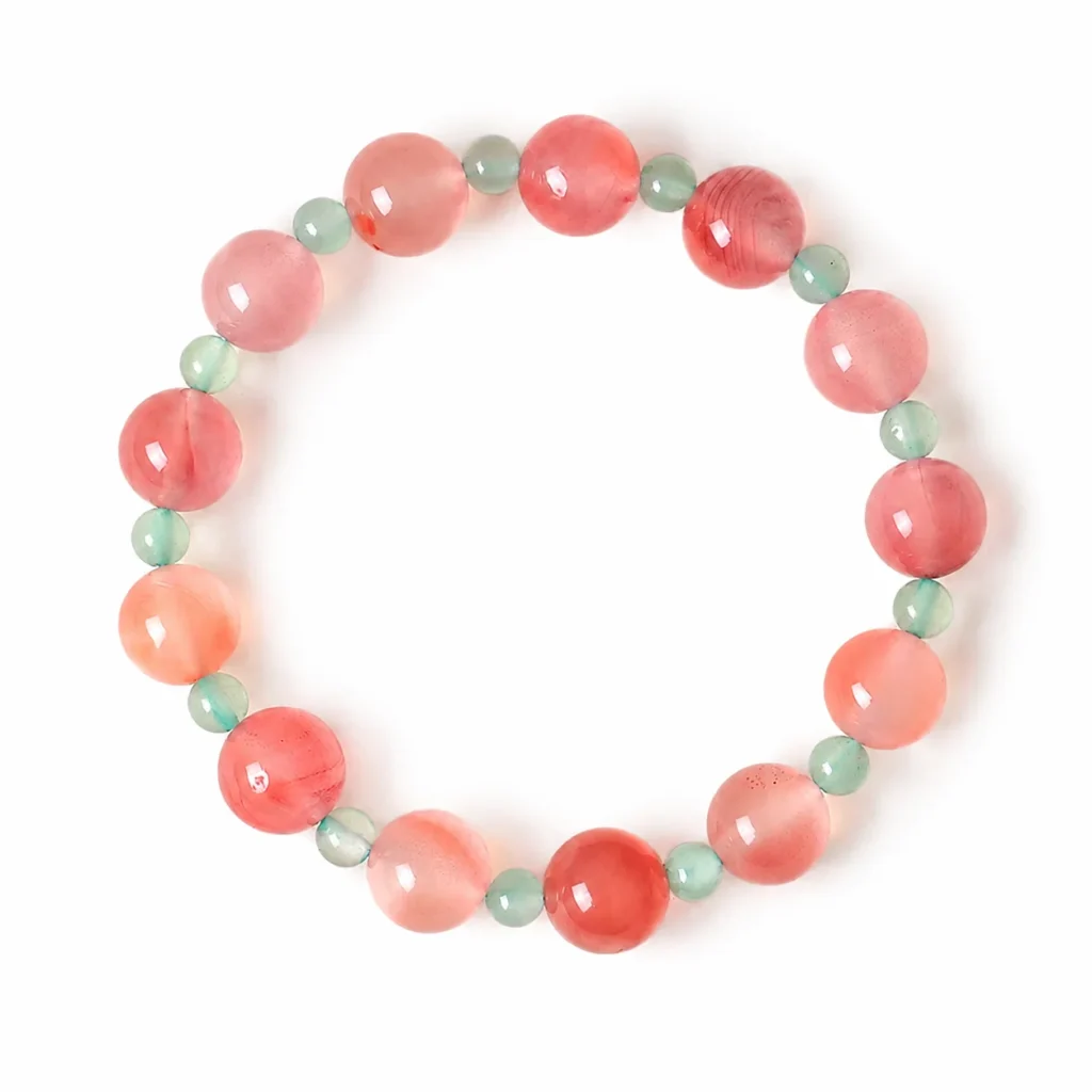 Pink Agate Beaded Bracelet - Green Aventurine Accent 1 pink agate beaded bracelet green aventurine on white background