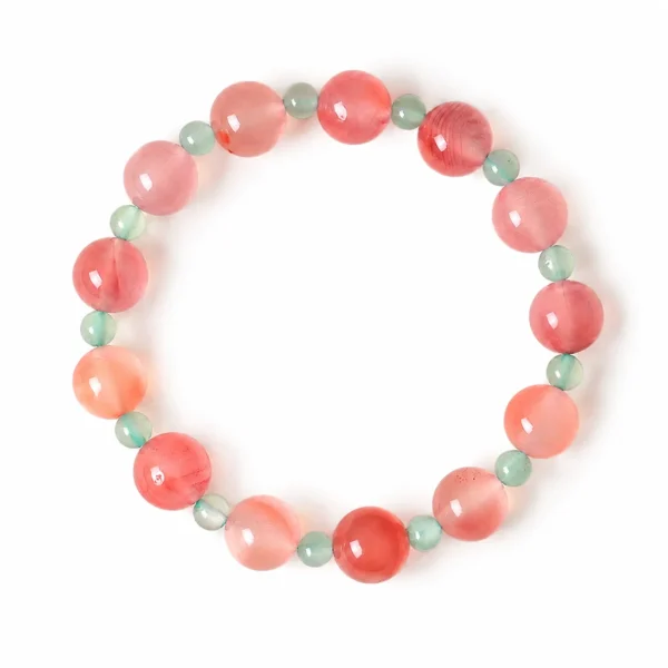 pink agate beaded bracelet green aventurine on white background