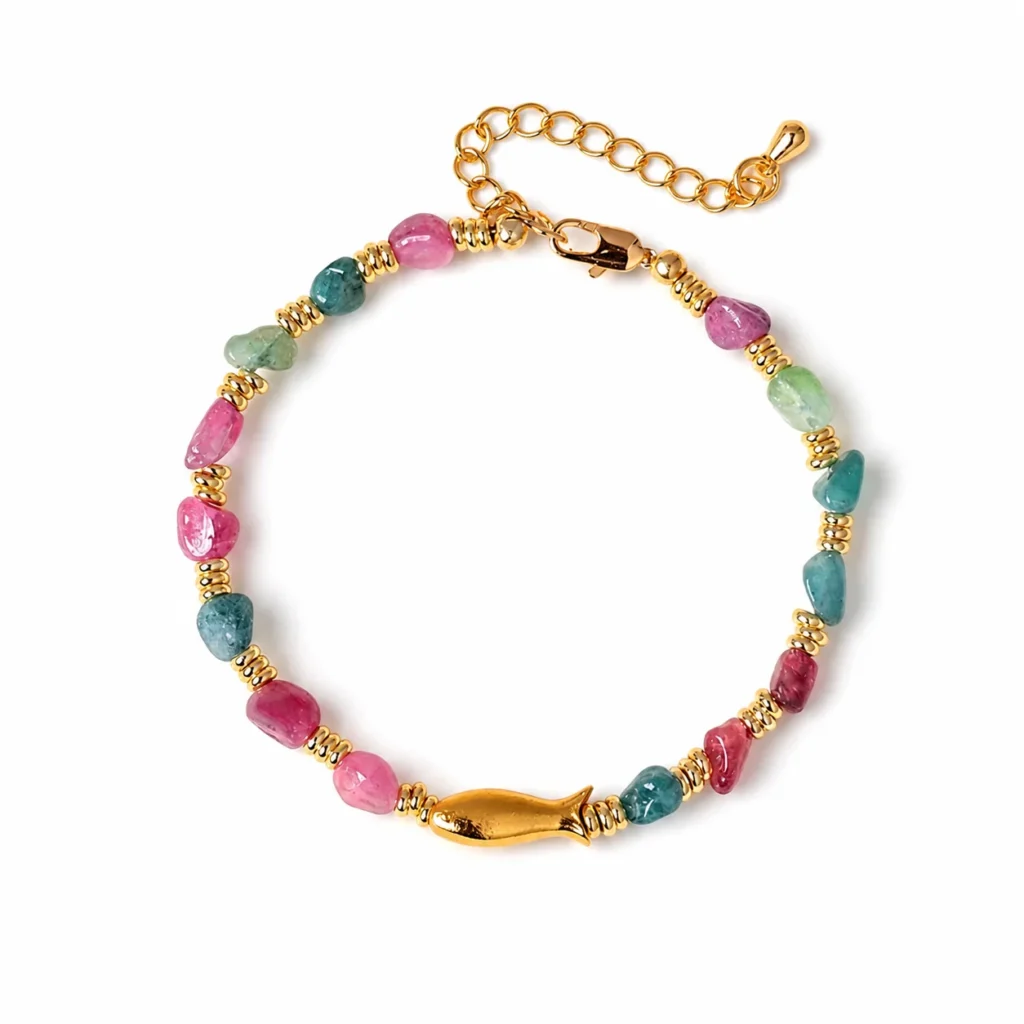 rainbow tourmaline fish charm bracelet on white background