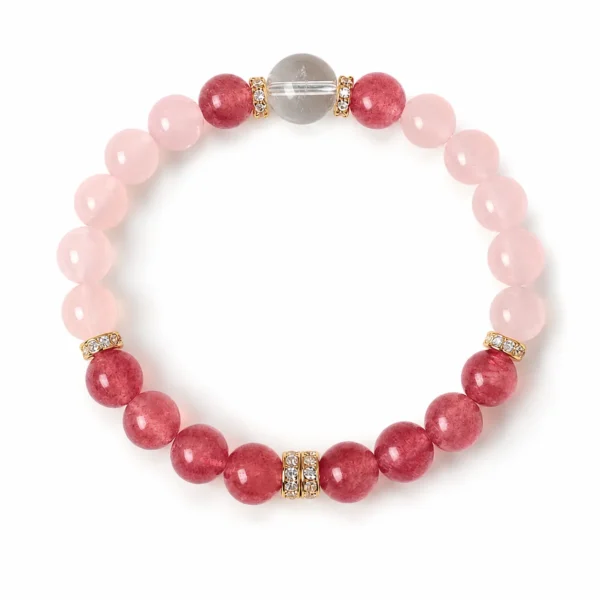 pink quartz strawberry quartz bracelet on white background