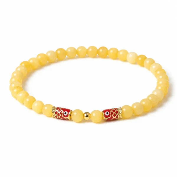 yellow jade koi beaded bracelet on white background