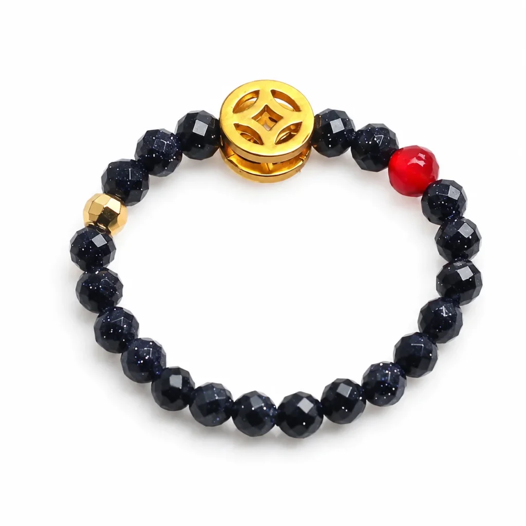 blue sandstone coin beaded ring on white background