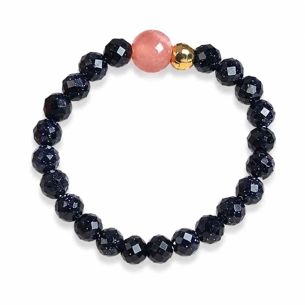 Blue Sandstone Sunstone Beaded Ring 1 blue sandstone sunstone beaded ring on white background