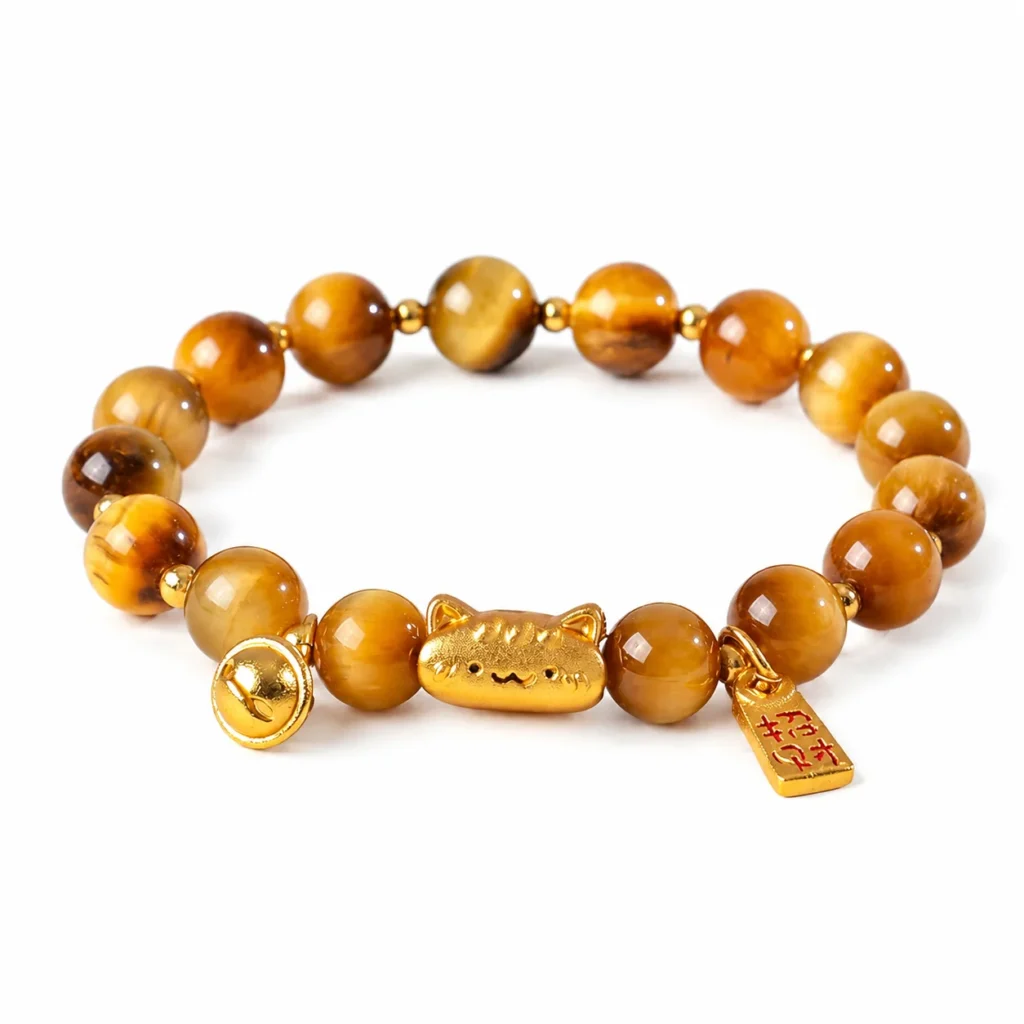 golden tiger eye lucky cat bracelet on white background