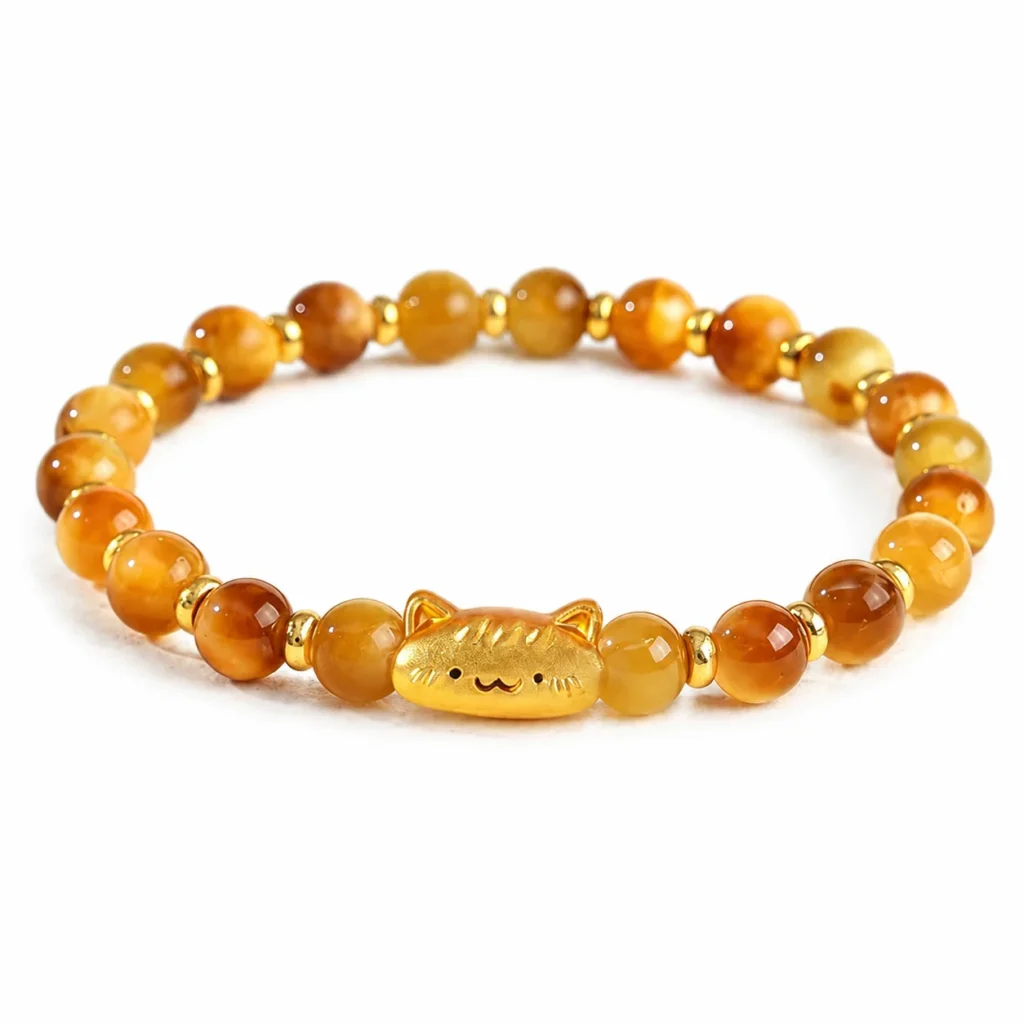 Petite Golden Tiger Eye Lucky Cat Bracelet 1 petite golden tiger eye lucky cat bracelet on white background