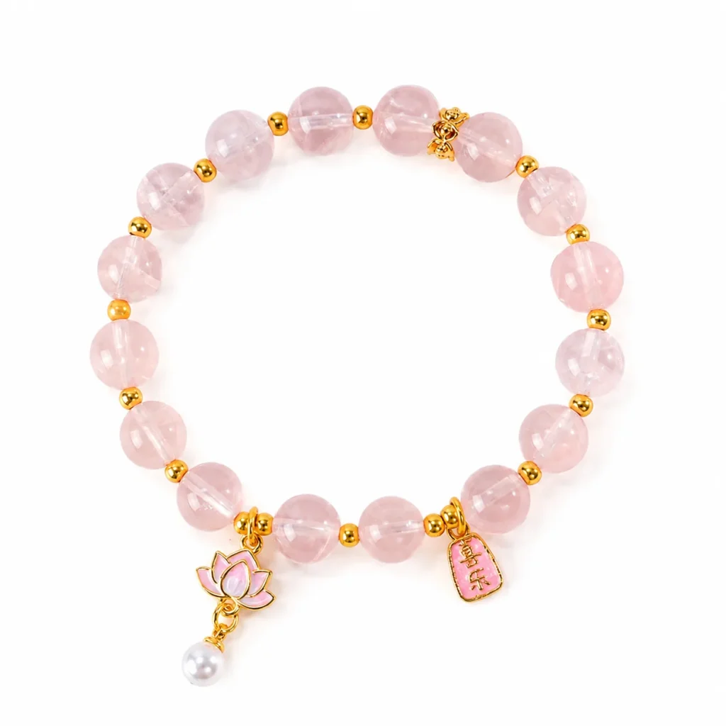 Petite Madagascar Rose Quartz Beaded Bracelet 1 petite madagascar rose quartz beaded bracelet on white background