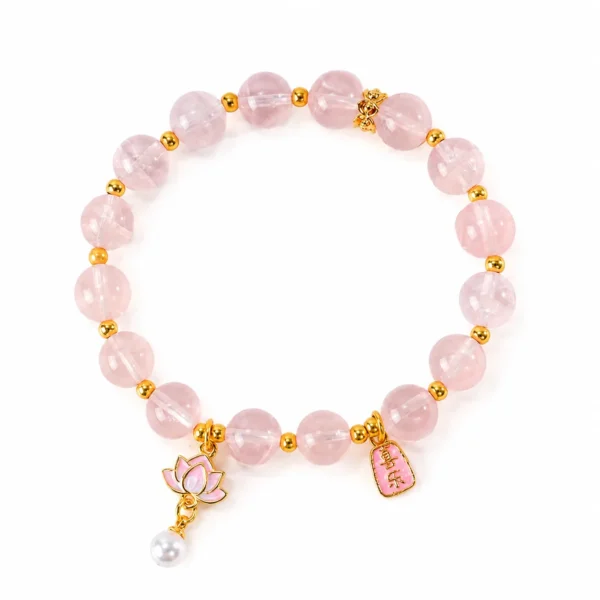 petite madagascar rose quartz beaded bracelet on white background