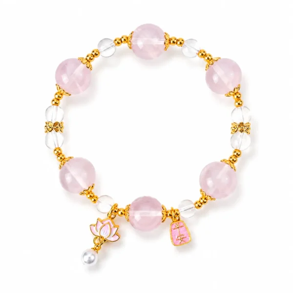 statement madagascar rose quartz beaded bracelet on white background