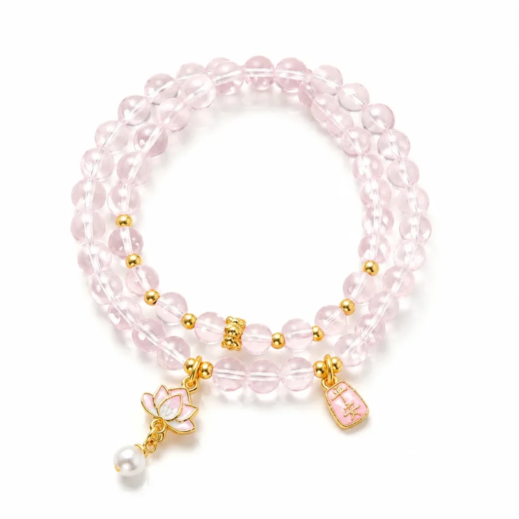 madagascar rose quartz double-wrap bracelet on white background