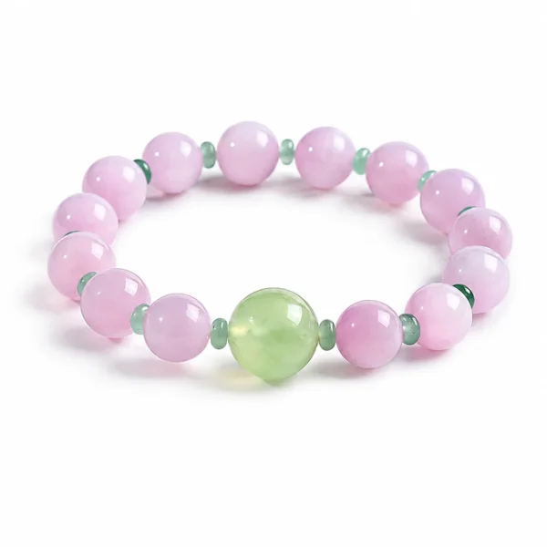 purple kunzite beaded bracelet on white background