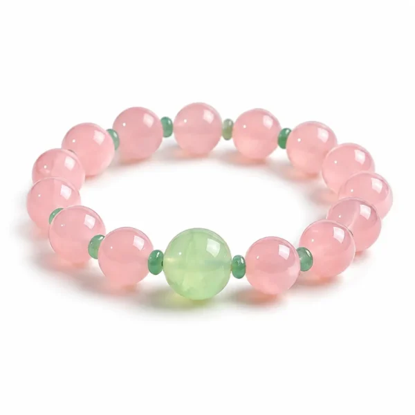 blush madagascar rose quartz beaded bracelet on white background