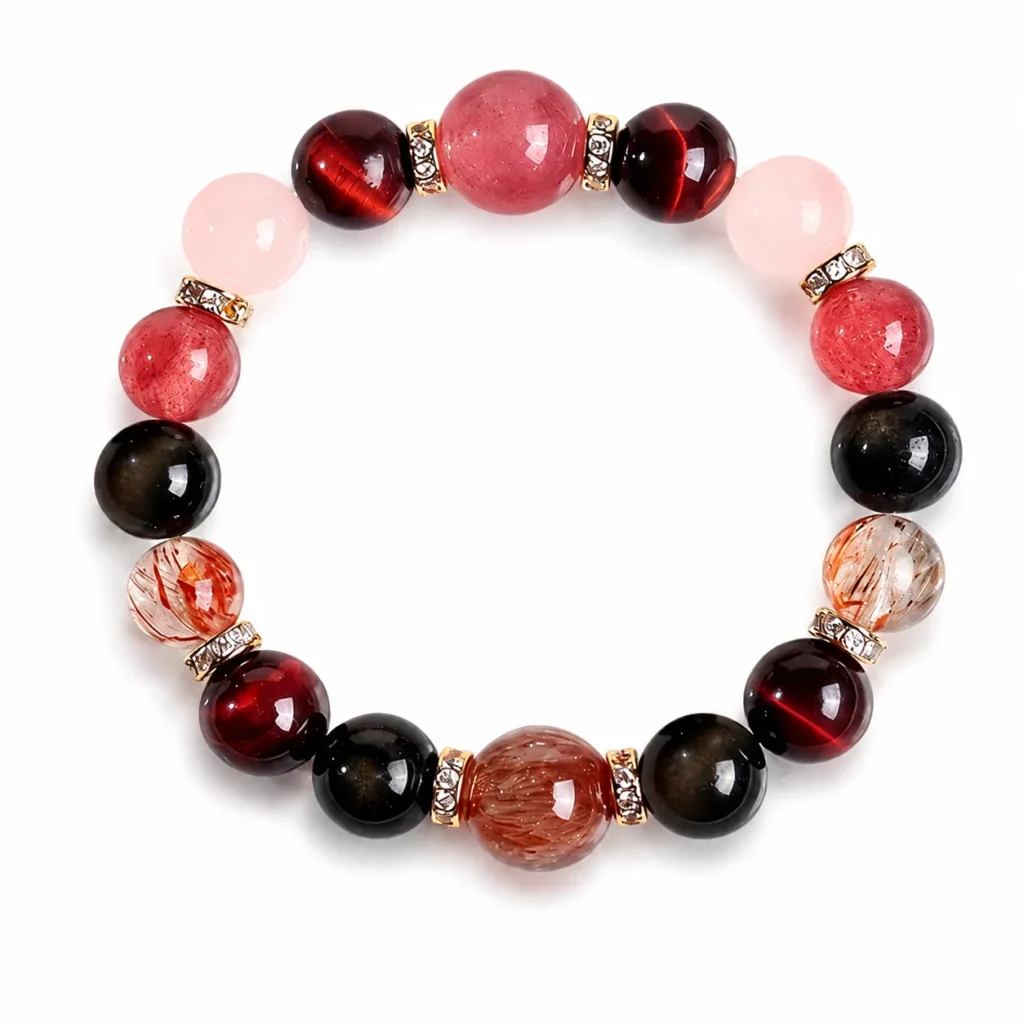 rose quartz super seven multi-stone bracelet on white background