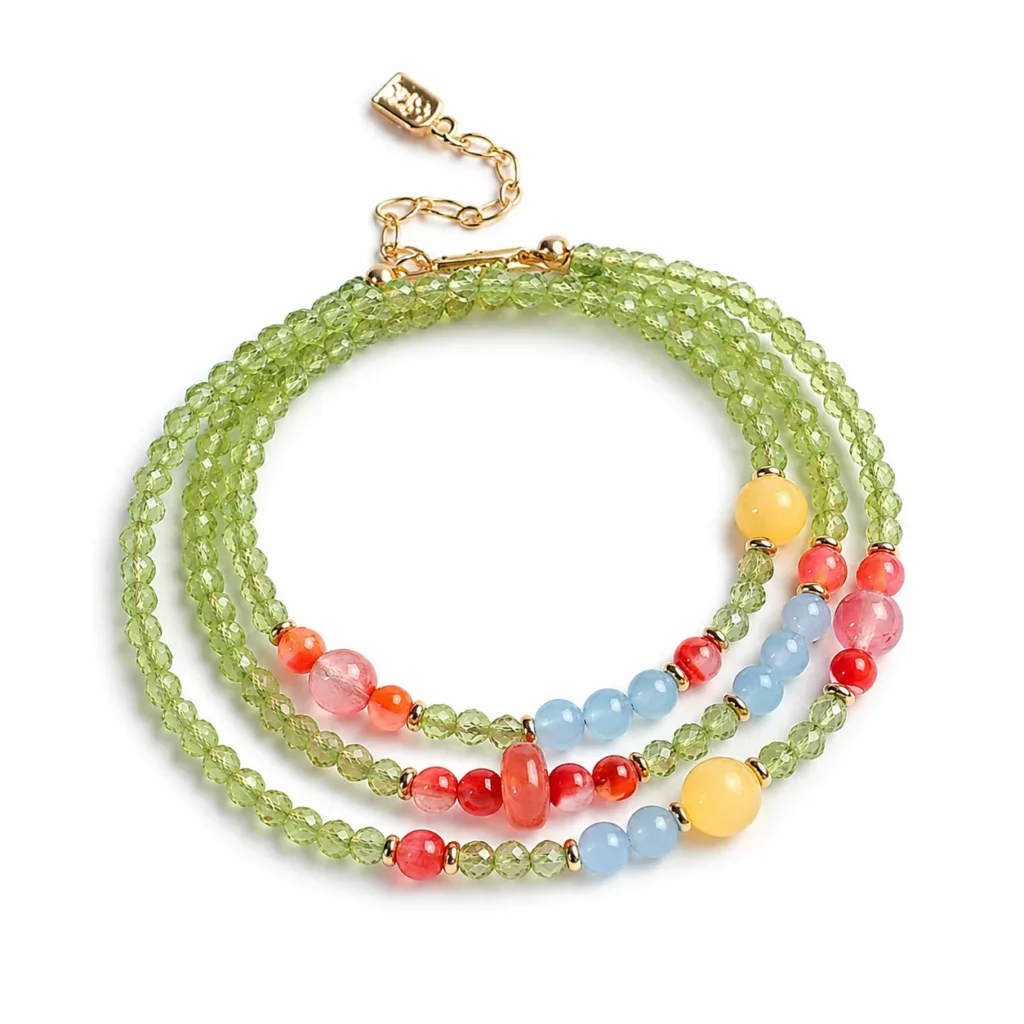 Green Zircon South Red Agate Triple-Wrap Bracelet 1 green zircon south red agate triple-wrap bracelet on white background