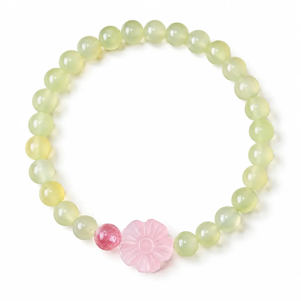 xiuyu jade rose quartz blossom bracelet on white background