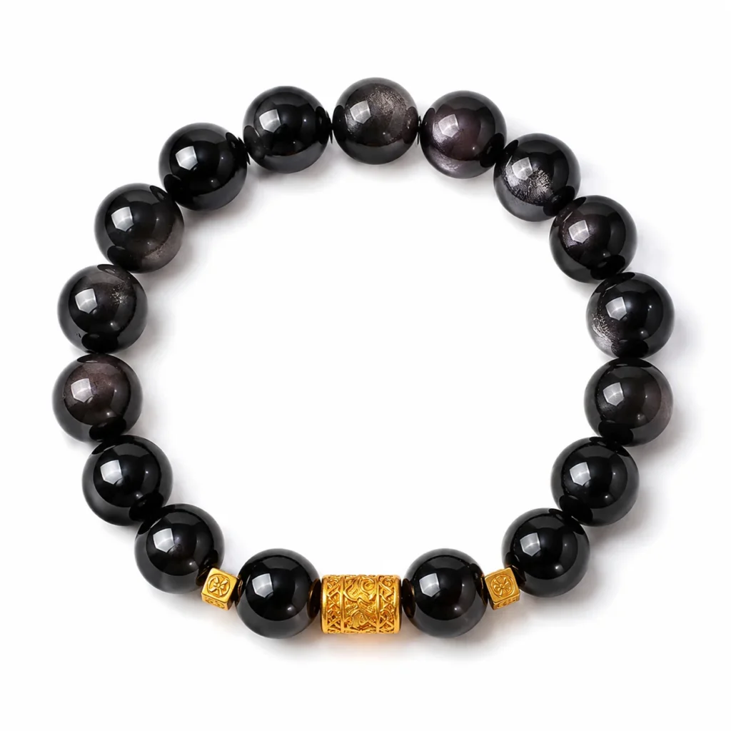 Silver Obsidian Beaded Bracelet 1 silver obsidian beaded bracelet on white background