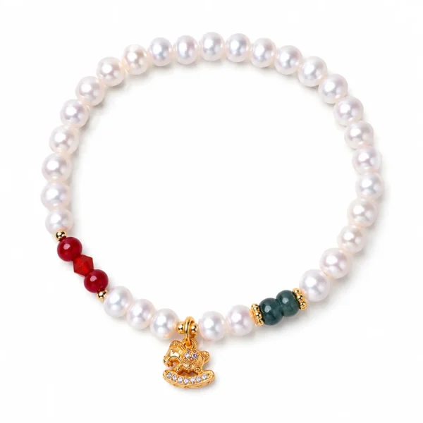 pearl horse charm beaded bracelet on white background