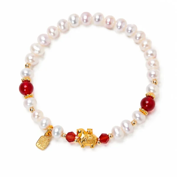 pearl horse fu charm beaded bracelet on white background