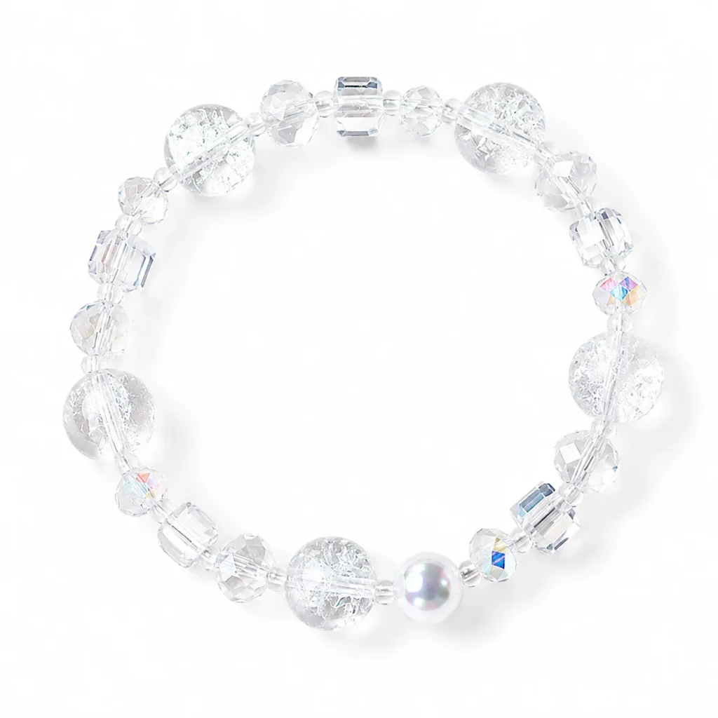 white crystal beaded bracelet on white background