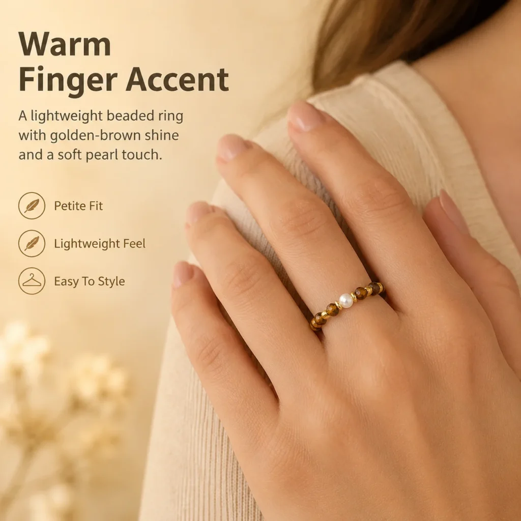 Yellow Tiger Eye Pearl Beaded Ring 2 yellow tiger eye pearl beaded ring wearing view