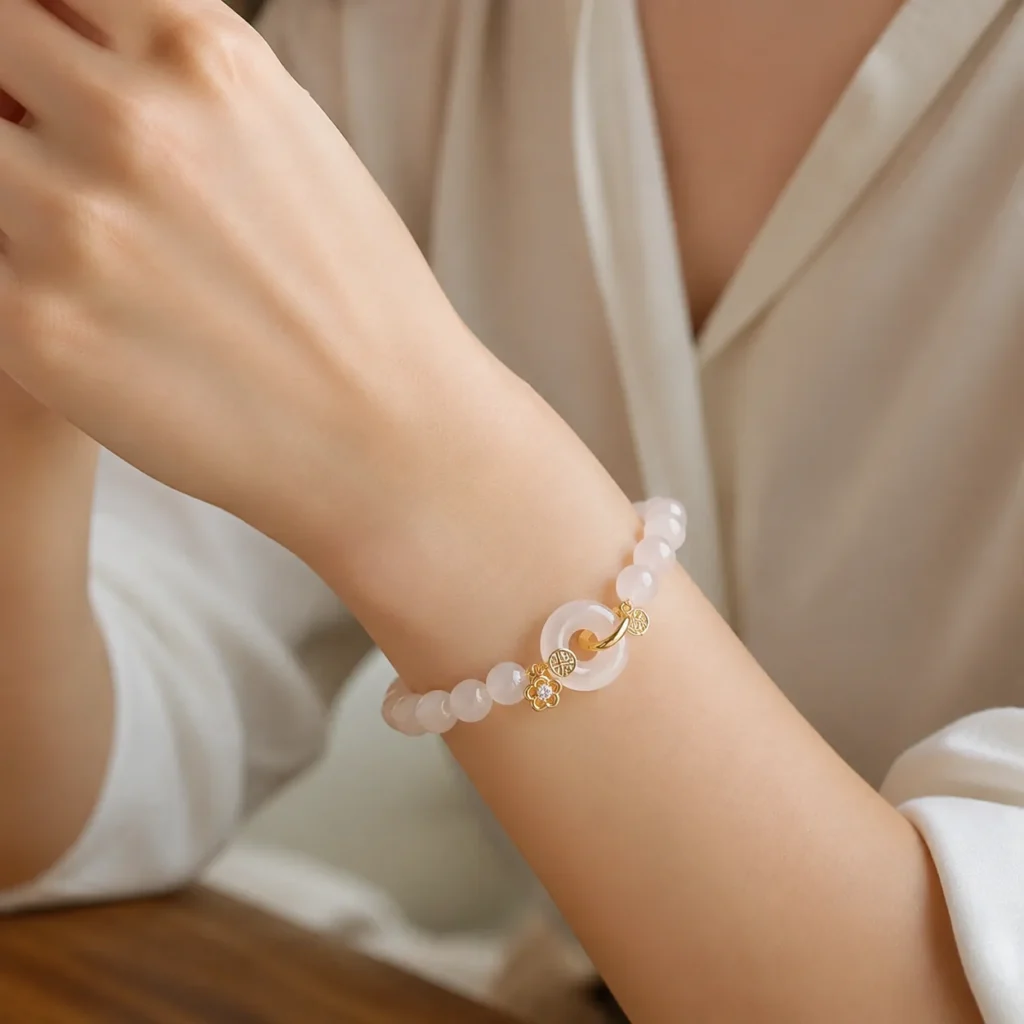 white agate gold fu charm bracelet wearing view