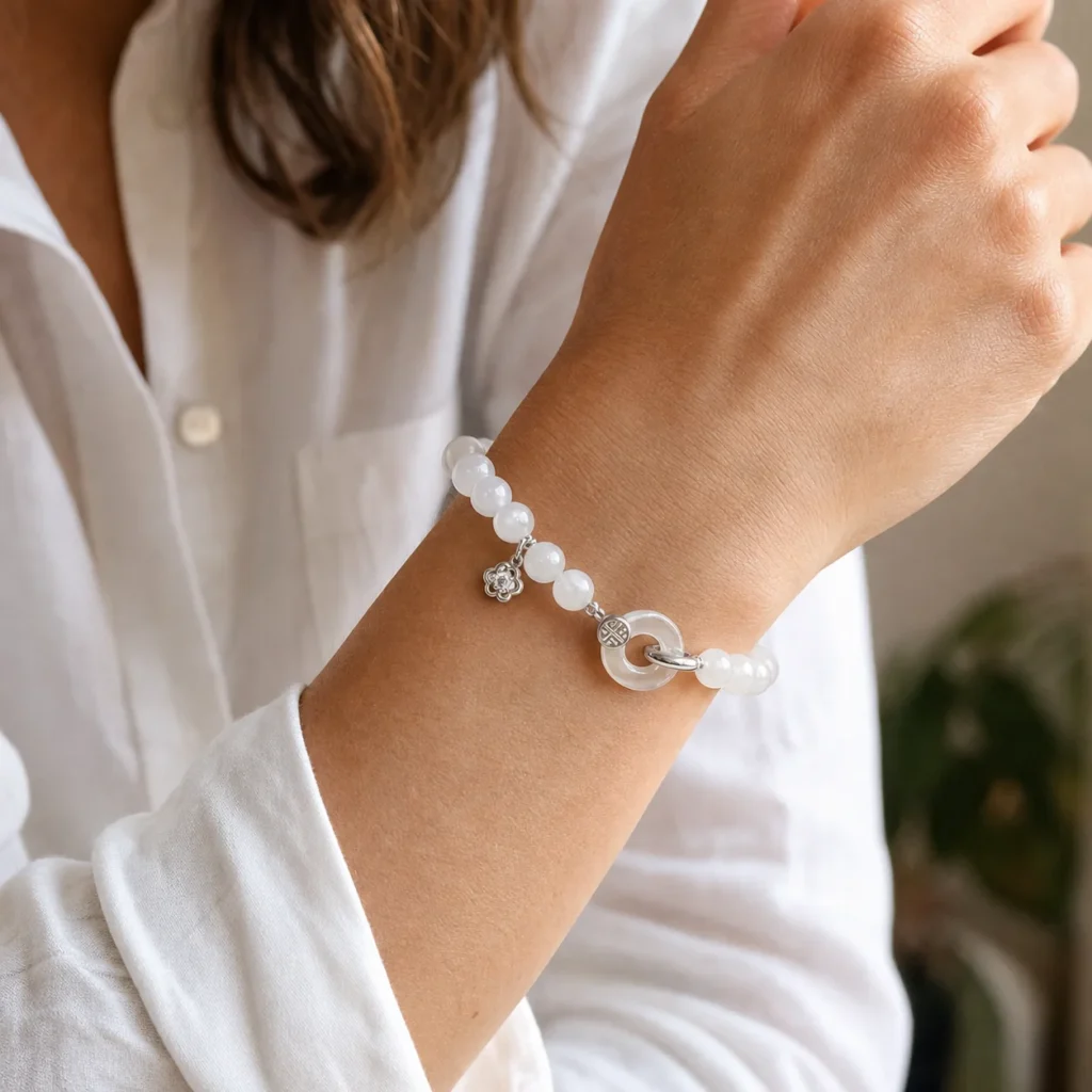 white agate silver fu charm bracelet wearing view