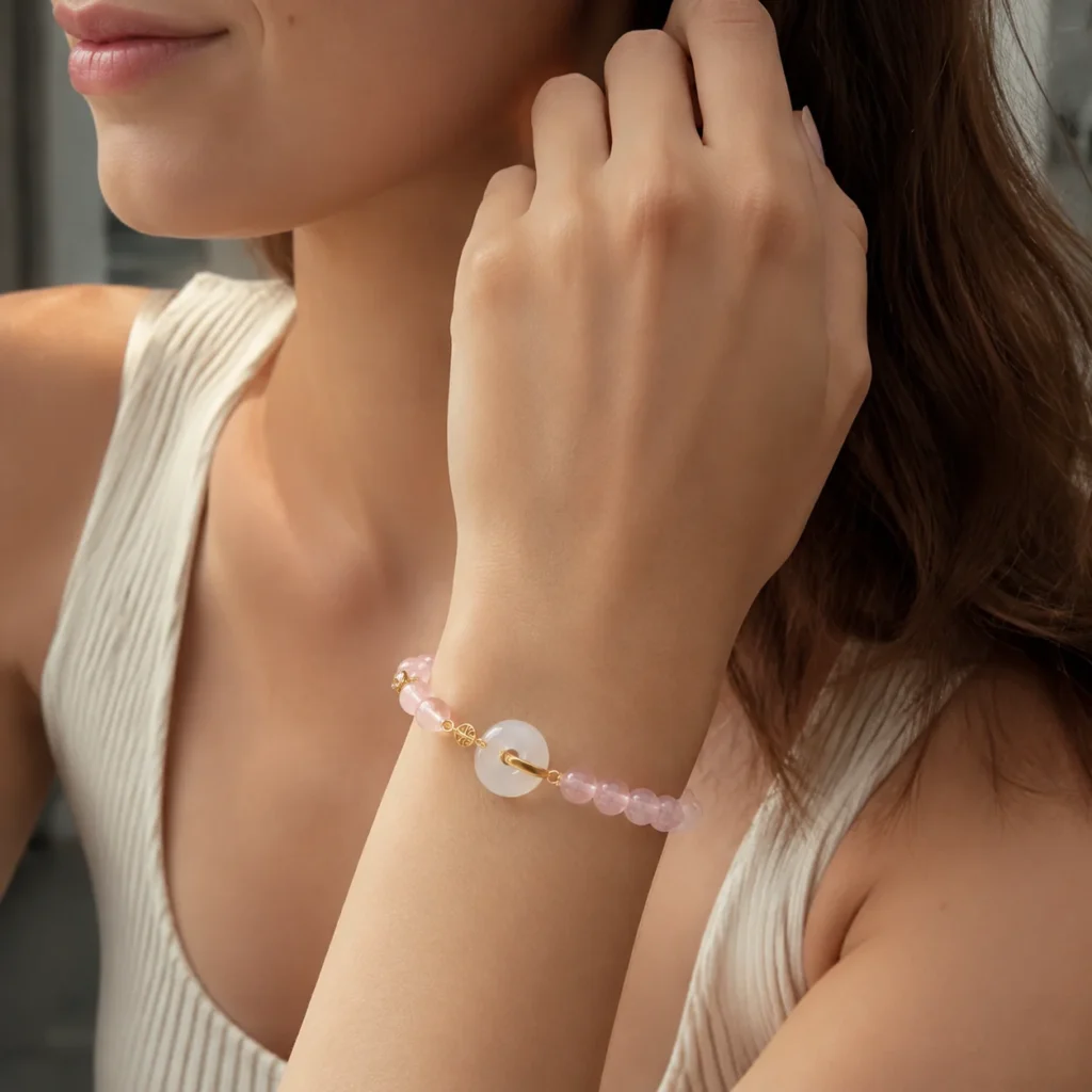 translucent rose quartz fu charm bracelet wearing view