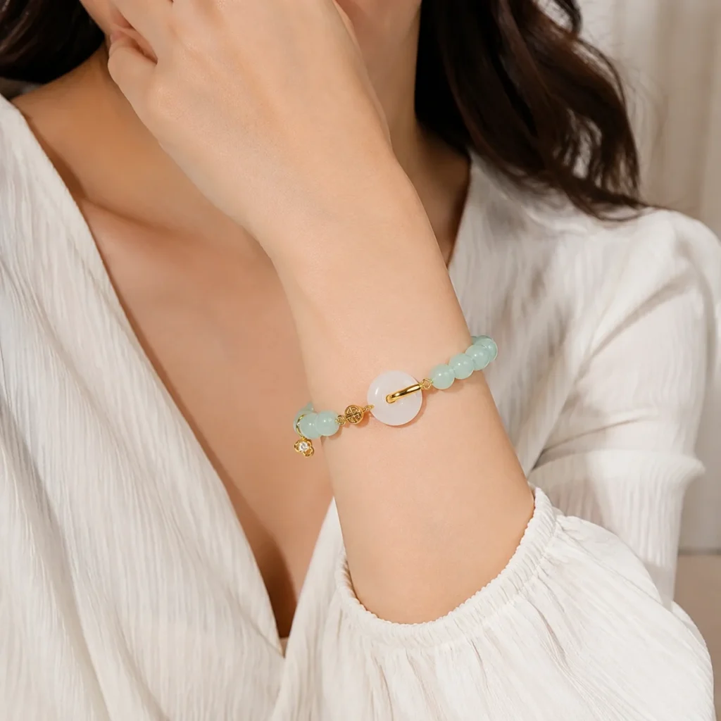 Aventurine Fu Charm Bracelet 2 aventurine fu charm bracelet wearing view