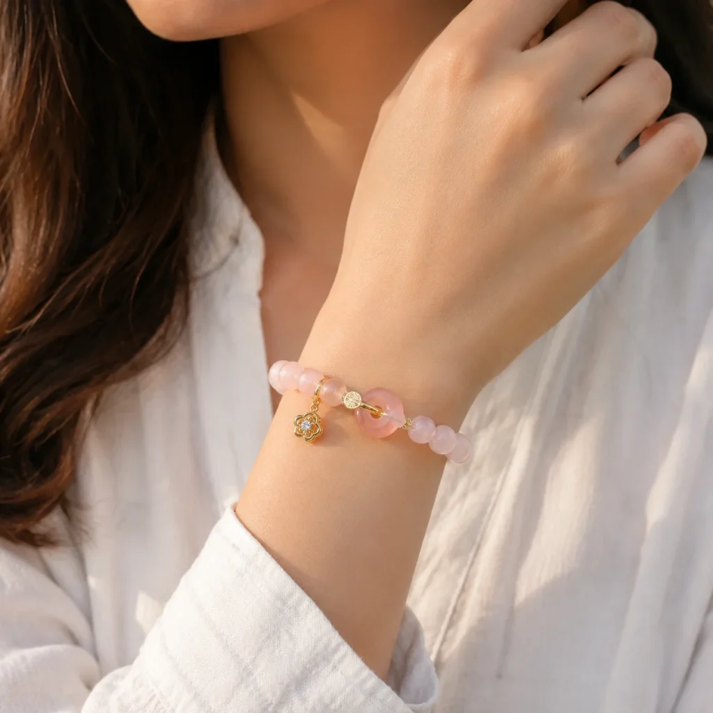 rose quartz gold fu charm bracelet wearing view