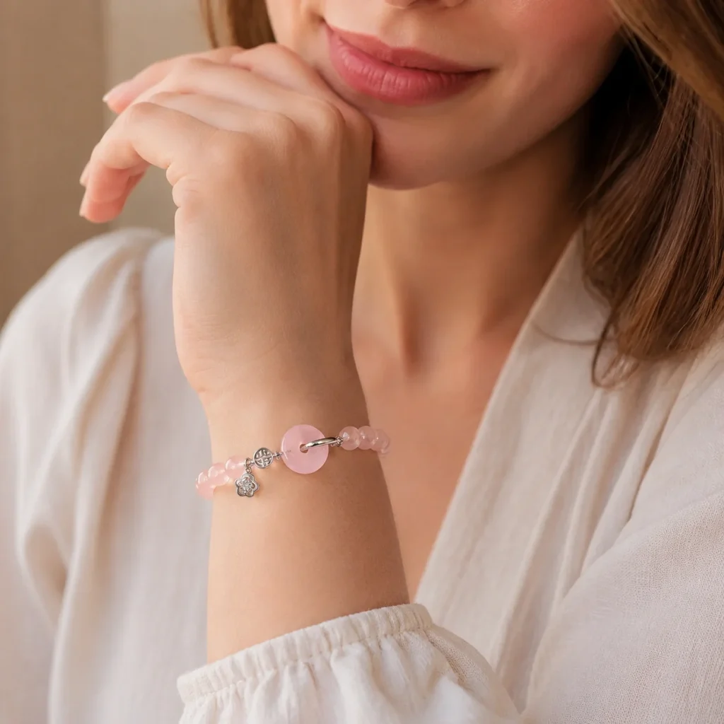 Rose Quartz Silver Fu Charm Bracelet 2 rose quartz silver fu charm bracelet wearing view