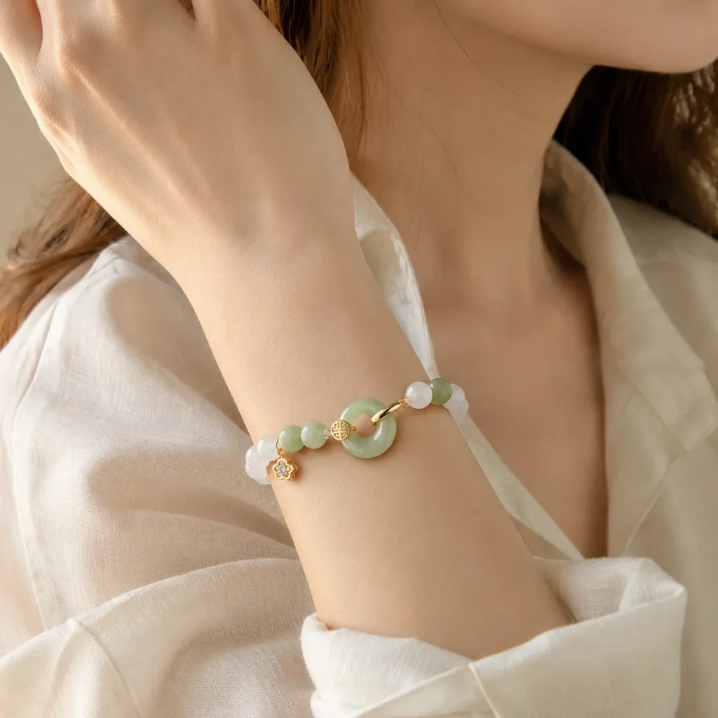 white agate hetian jade gold bracelet wearing view