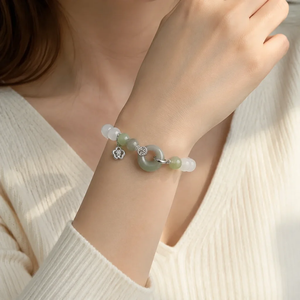White Agate Hetian Jade Silver Bracelet 2 white agate hetian jade silver bracelet wearing view