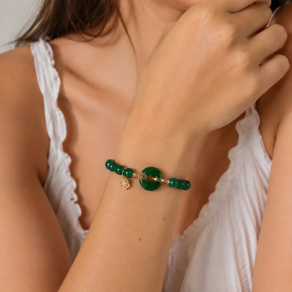 Green Agate Gold Fu Charm Bracelet 2 green agate gold fu charm bracelet wearing view