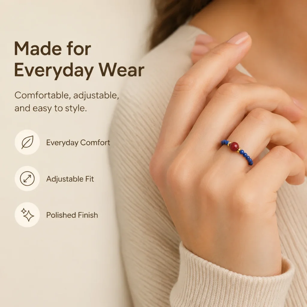 lapis cinnabar beaded ring wearing view