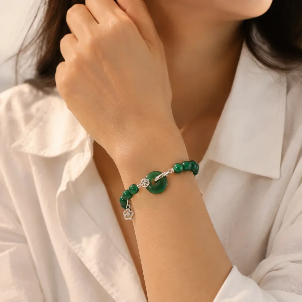 green agate silver fu charm bracelet wearing view
