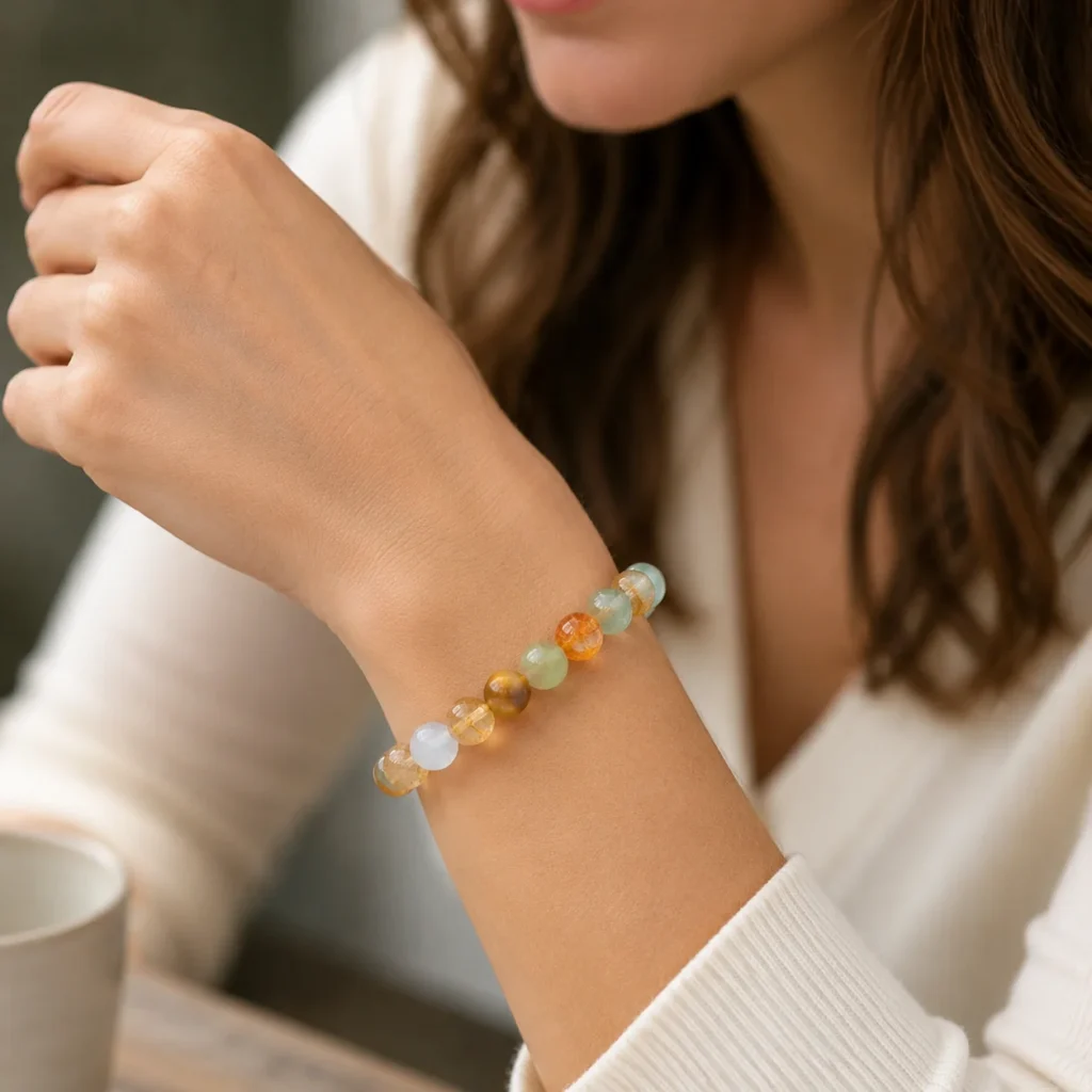 Lemon Honey Crystal Beaded Bracelet 2 lemon honey crystal beaded bracelet wearing view