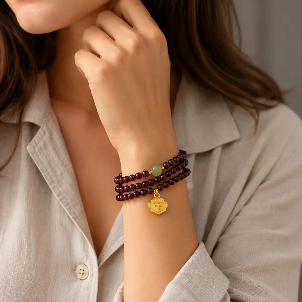 garnet hetian jade triple-wrap fu lock bracelet wearing view