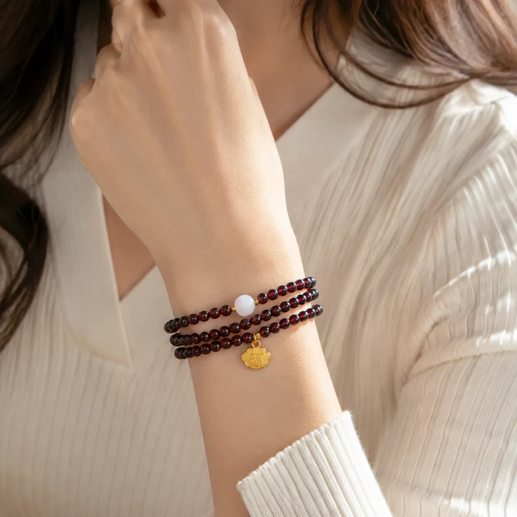 Garnet White Jade Triple-Wrap Fu Lock Bracelet 2 garnet white jade triple-wrap fu lock bracelet wearing view