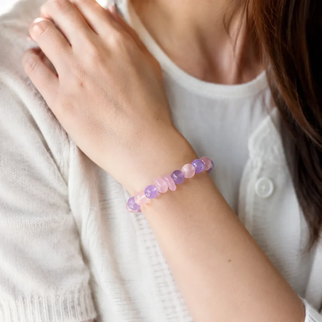 amethyst purple crystal beaded bracelet wearing view