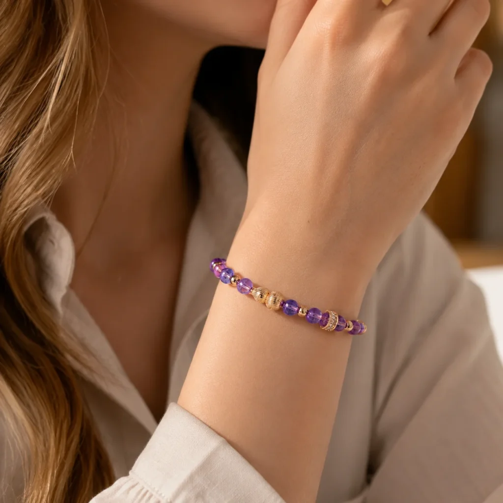 Amethyst Gourd Beaded Bracelet 2 amethyst gourd beaded bracelet wearing view