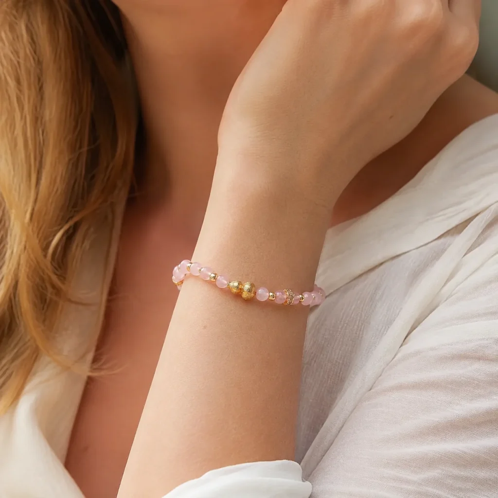 Rose Quartz Gourd Beaded Bracelet 2 rose quartz gourd beaded bracelet wearing view