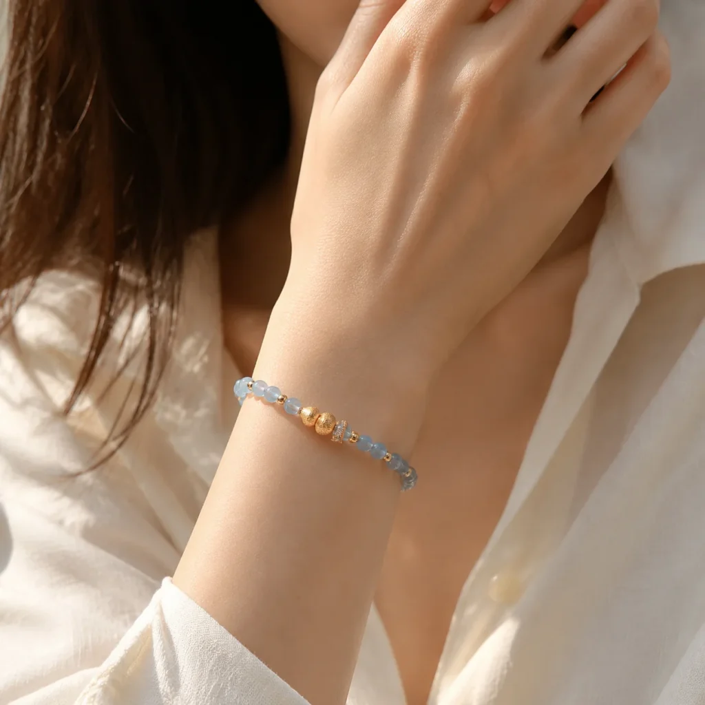 blue chalcedony gourd beaded bracelet wearing view