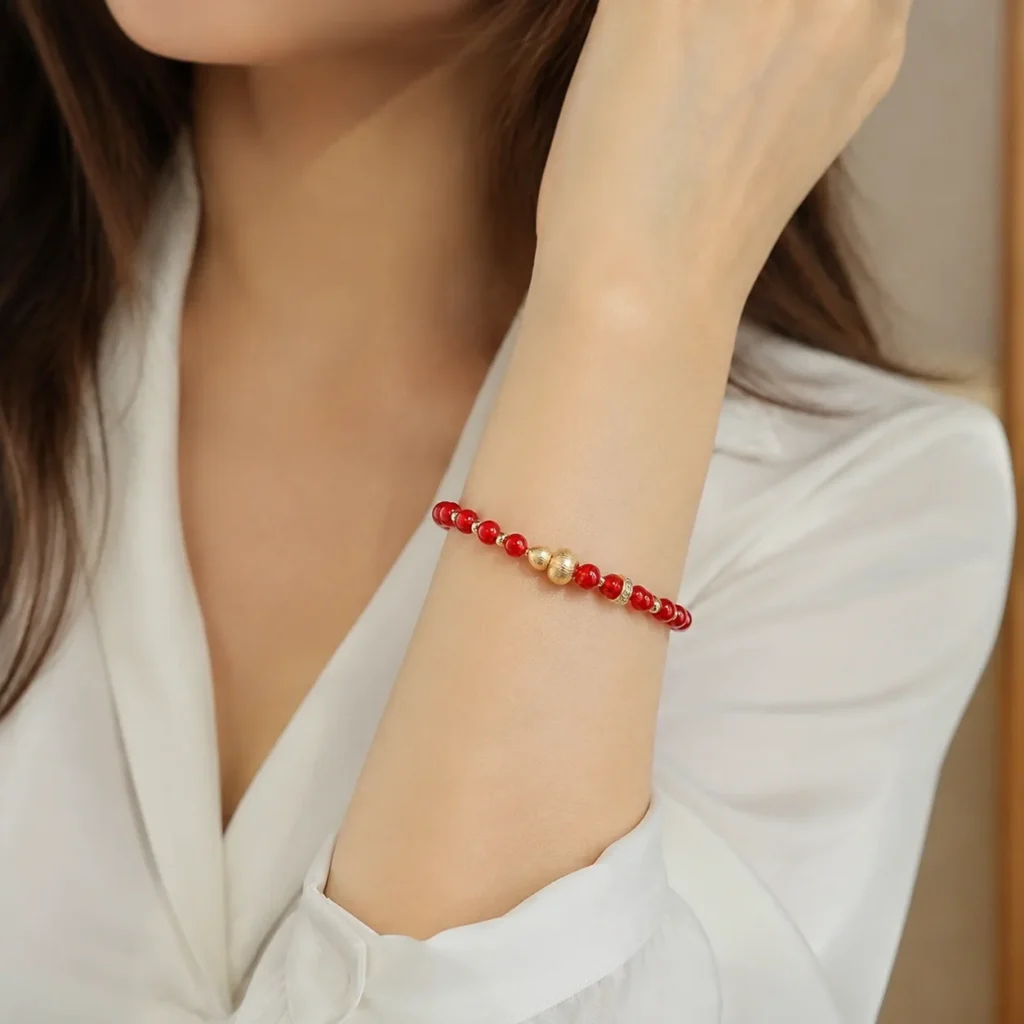 Red Agate Gourd Beaded Bracelet 2 red agate gourd beaded bracelet wearing view
