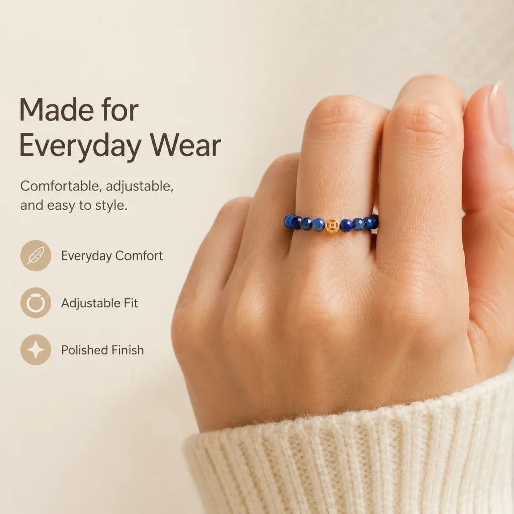 lapis coin beaded ring wearing view
