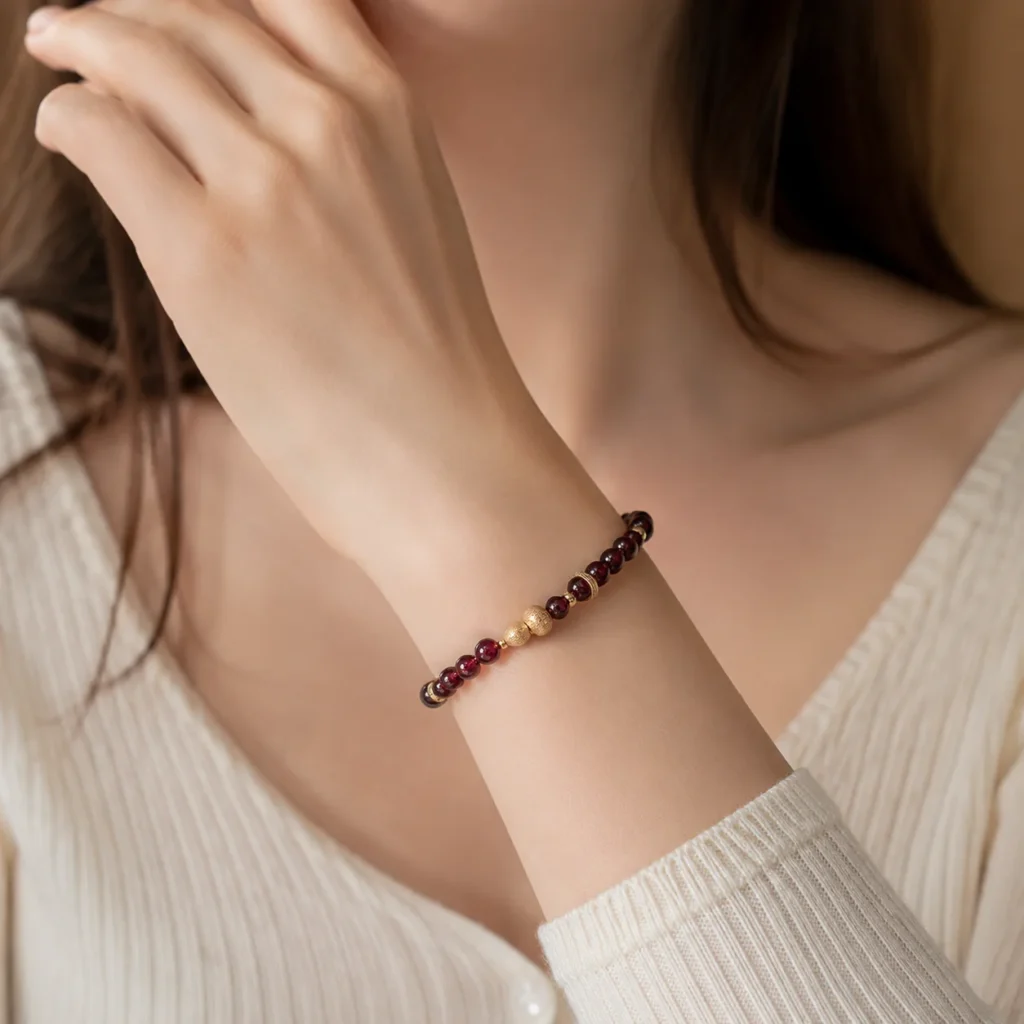 Garnet Gourd Beaded Bracelet 2 garnet gourd beaded bracelet wearing view