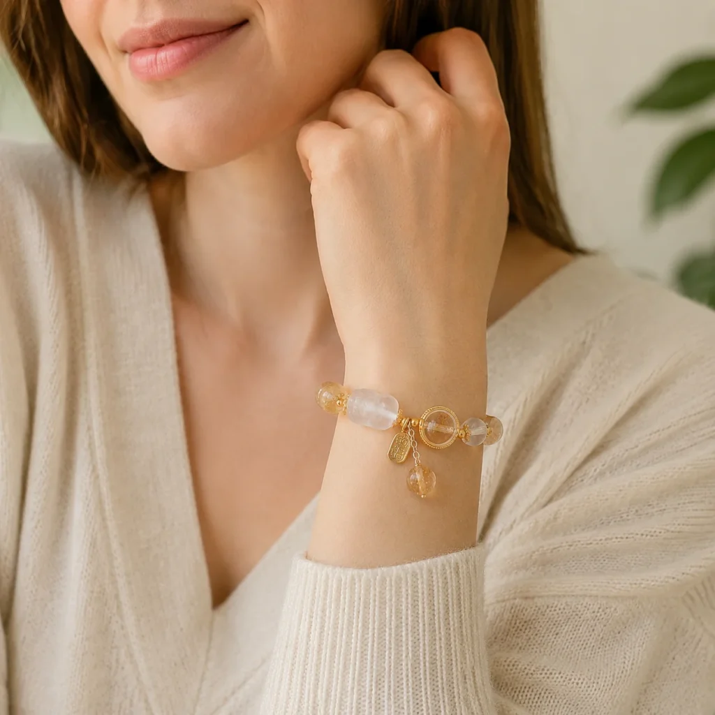 white quartz pixiu bracelet with yellow crystal beads wearing view