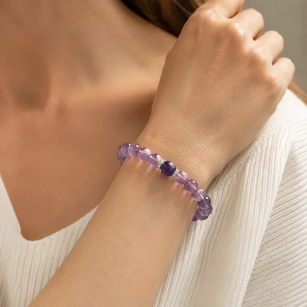 Uruguayan Amethyst Beaded Bracelet 2 uruguayan amethyst beaded bracelet wearing view
