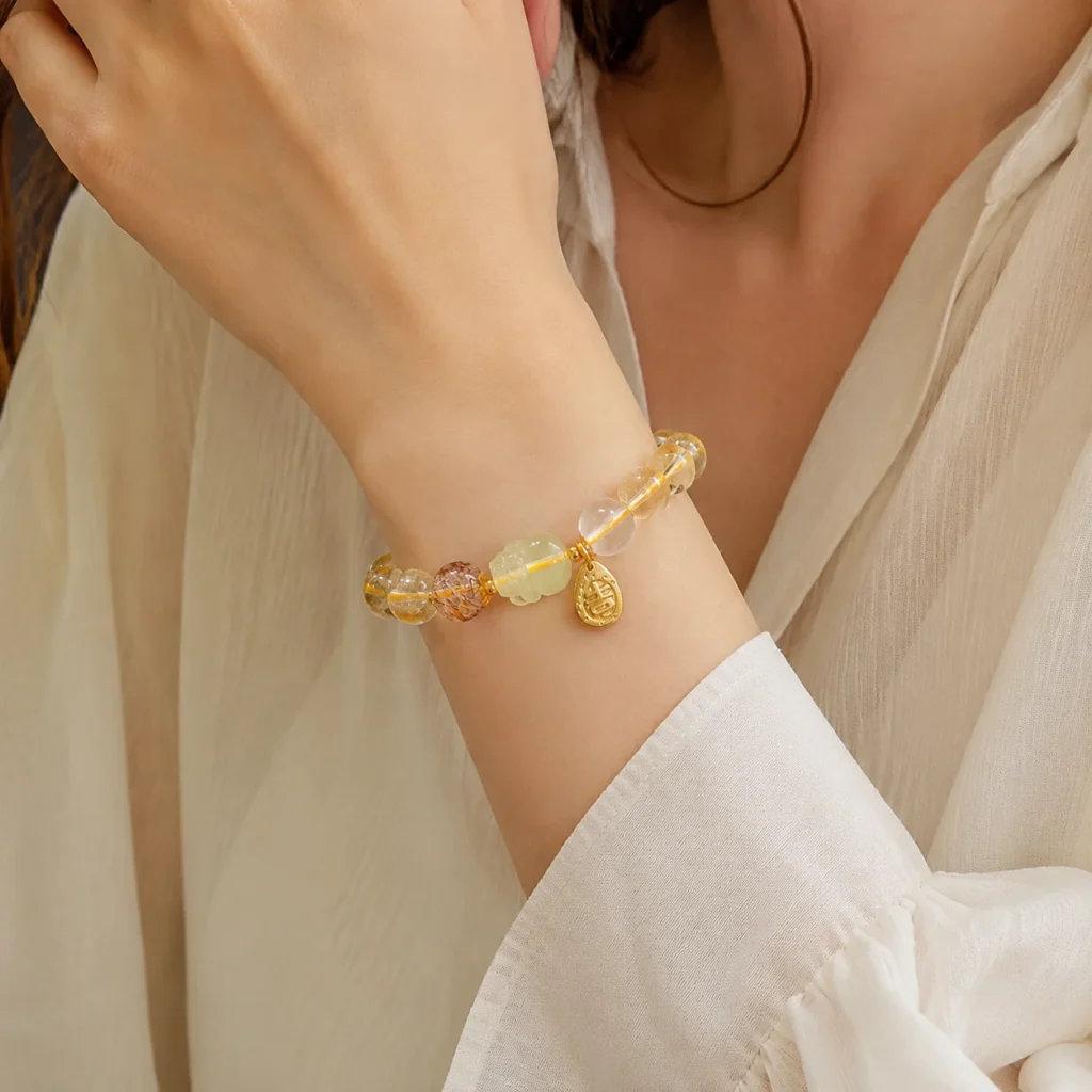yellow phantom quartz gilded beaded bracelet wearing view