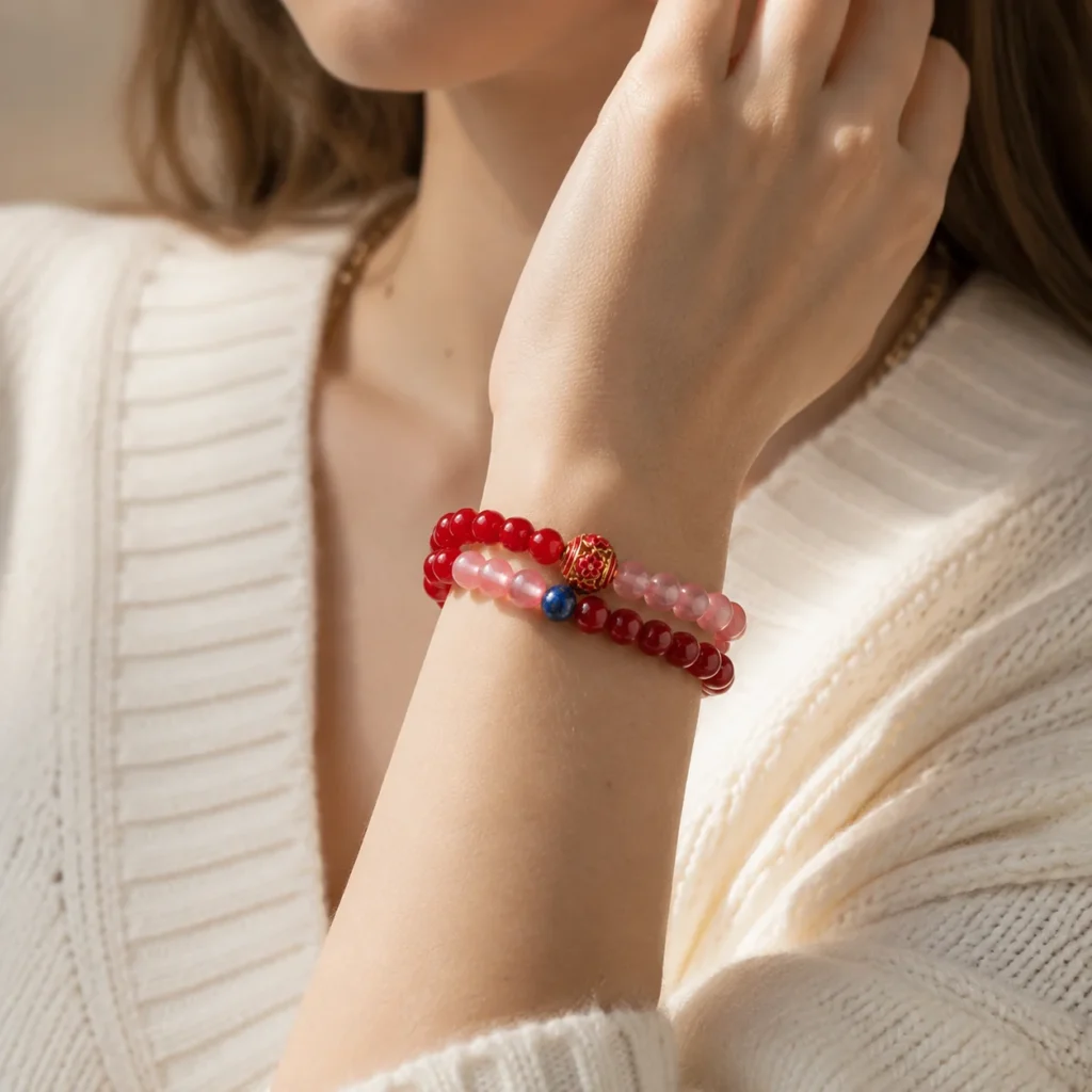 red agate chalcedony double-wrap bracelet wearing view
