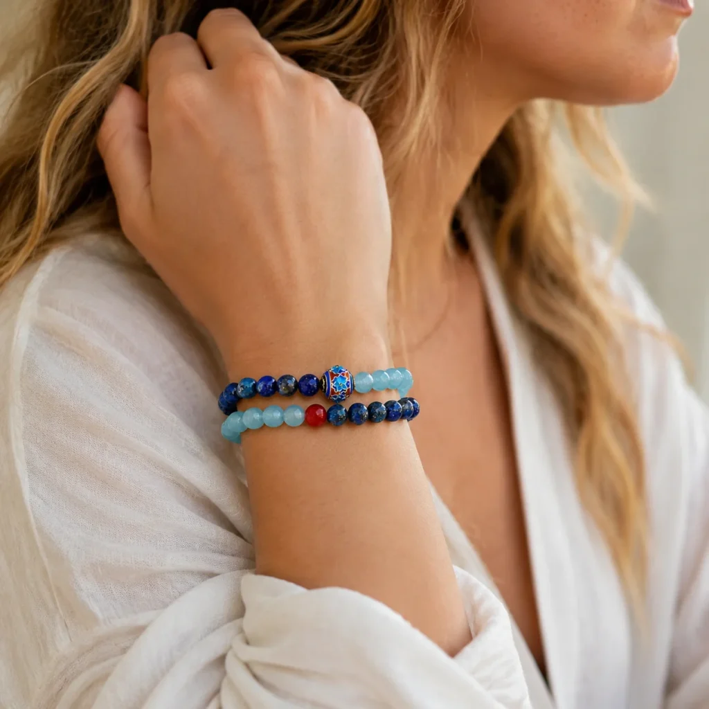lapis lazuli double-wrap bracelet wearing view